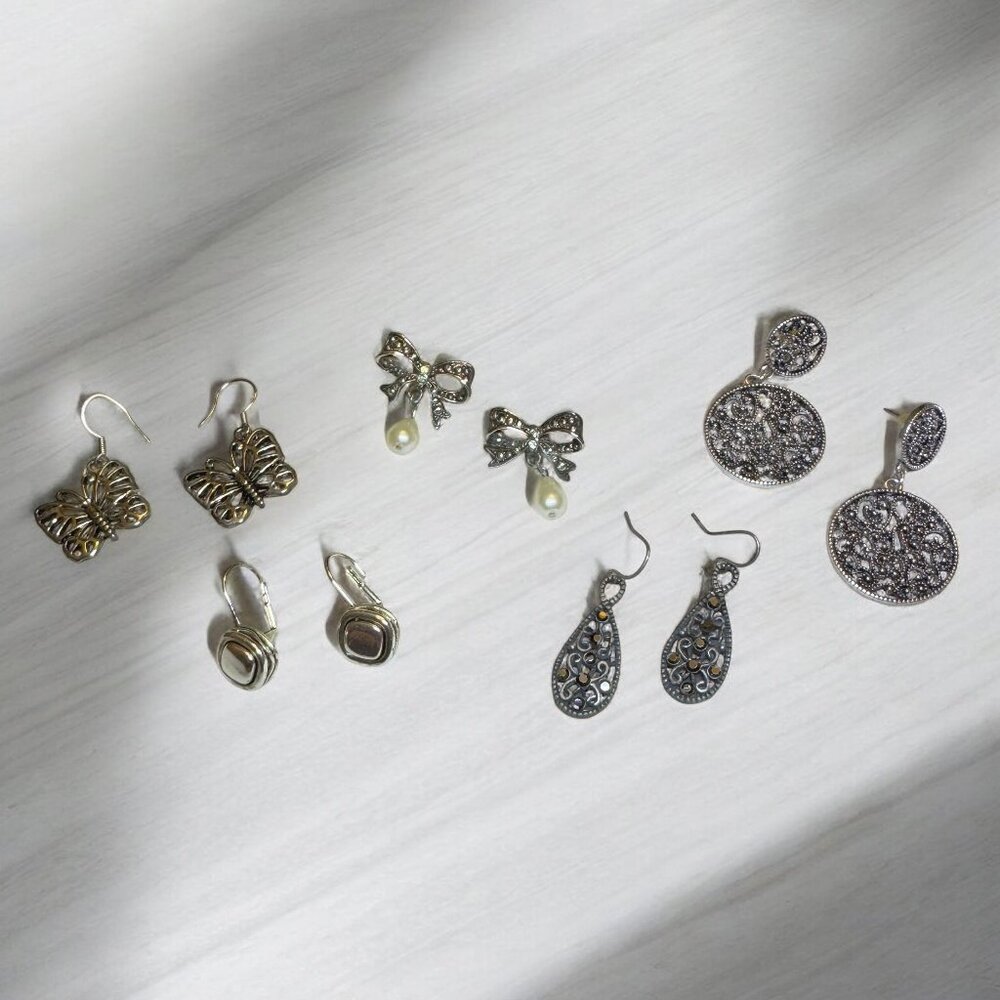 Lot 5 pairs Silver Tone Pierced Earrings Marcasite, Faux Pearls, Various Shapes